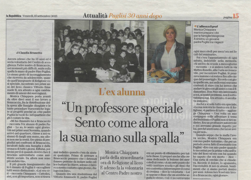 Attualità Puglisi 30 anni dopo  - L’ex alunna 'Un professore speciale Sento me allora la sua mano sulla spalla'