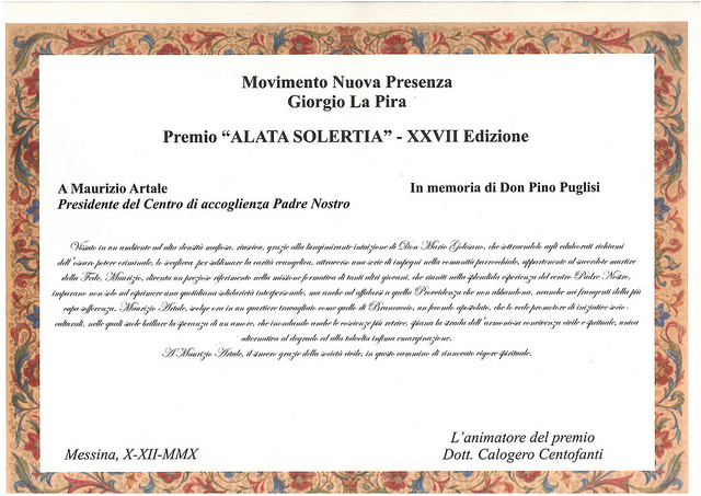 Pergamena del premio Alata Solertia XXVII edizione