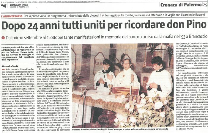 Una foto d'archivio di don Puglisi. Quest'anno per la prima volta unico programma per ricordarlo
