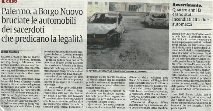 Le auto della parrocchia di Borgo Nuovo date alle fiamme