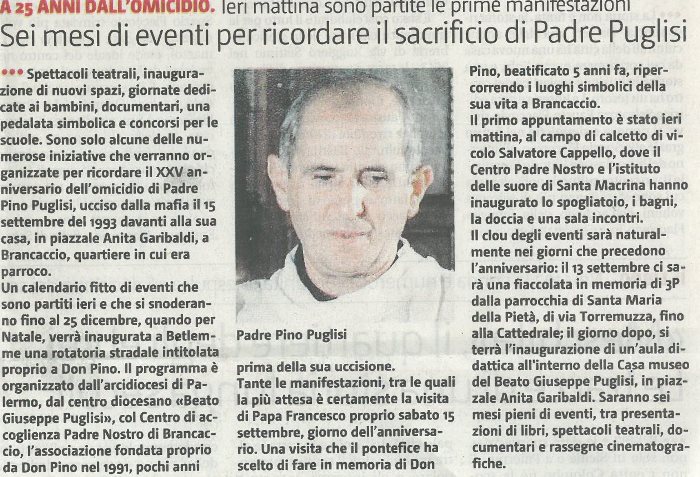 Sei mesi di eventi per ricordare il sacrificio di Padre Puglisi