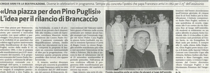 �Una piazza per don Pino Puglisi� L'idea per il rilancio di Brancaccio