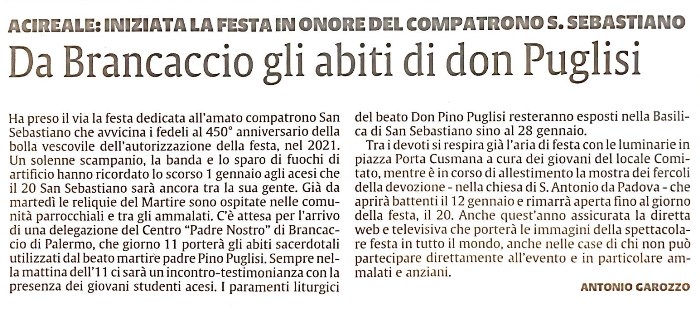 Da Brancaccio gli abiti di don Puglisi
