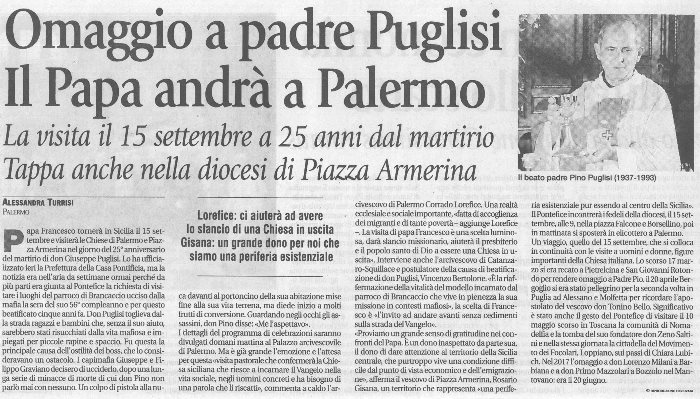 Omaggio a Padre Puglisi. Il Papa andr� a Palermo