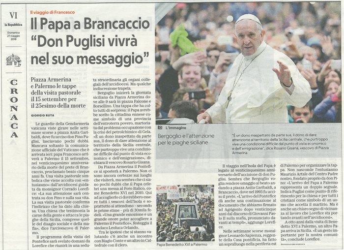 Il viaggio di Francesco. Il Papa a Brancaccio 'Don Puglisi vivr� nel suo messaggio'