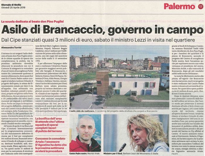 Asilo di Brancaccio, governo in campo. La scuola dedicata al Beato don Pino Puglisi
