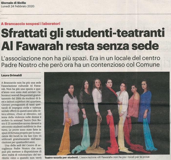 A Brancaccio sospesi i laboratori. Sfrattati gli studenti-teatranti al Fawarah resta senza sede 