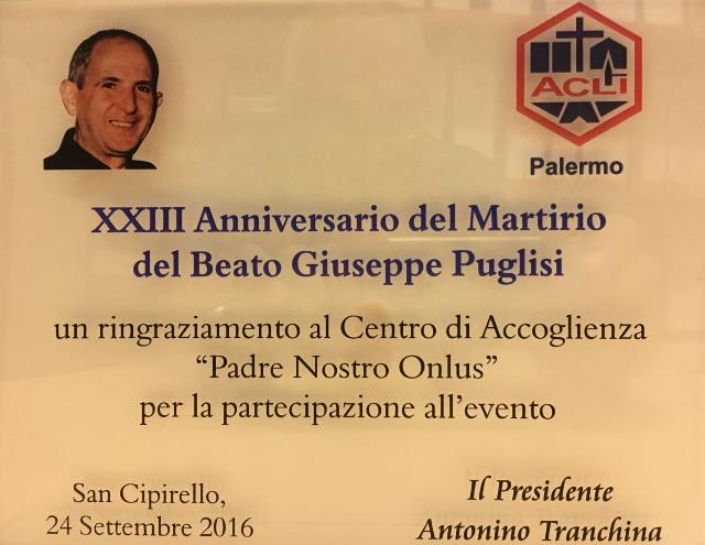 Riconoscimento da parte delle ACLI Palermo al Centro di Accoglienza Padre Nostro per la giornata-incontro del 24 settembre a San Cipirello