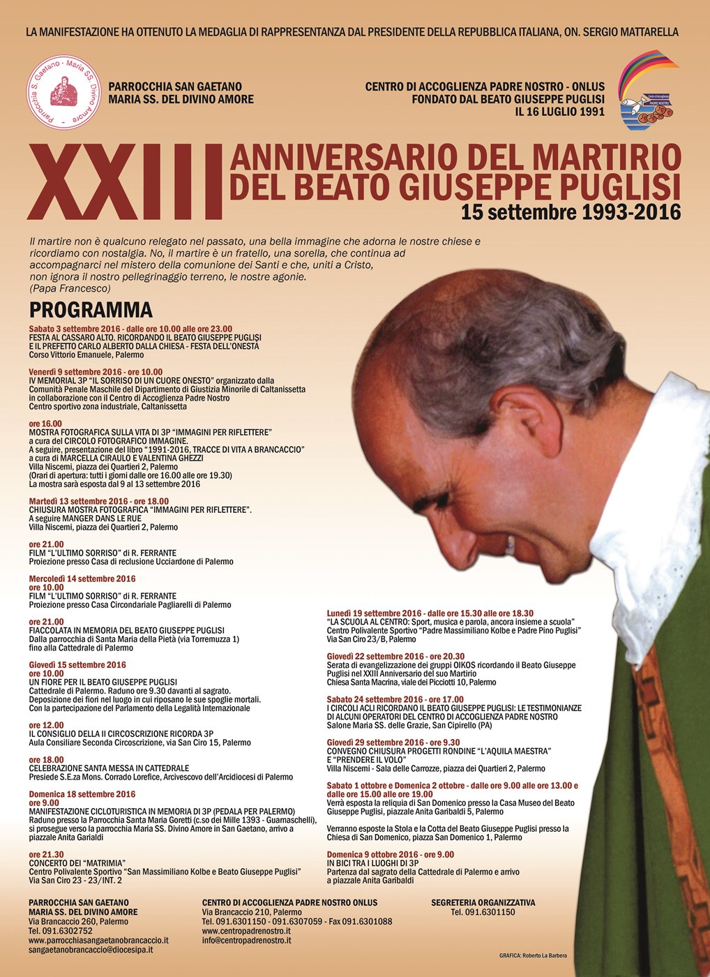 Locandina programma delle manifestazioni in occasione del XXIII Anniversario del martirio del Beato Giuseppe Puglisi
