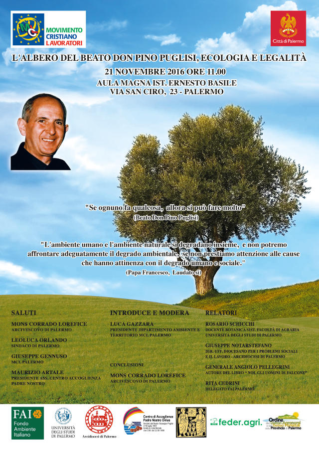 Locandina della manifestazione L'albero del Beato don Pino Puglisi, Ecologia e Legalit�