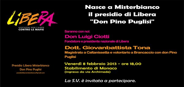 Invito di Libera per l'apertura del nnuovo presidio