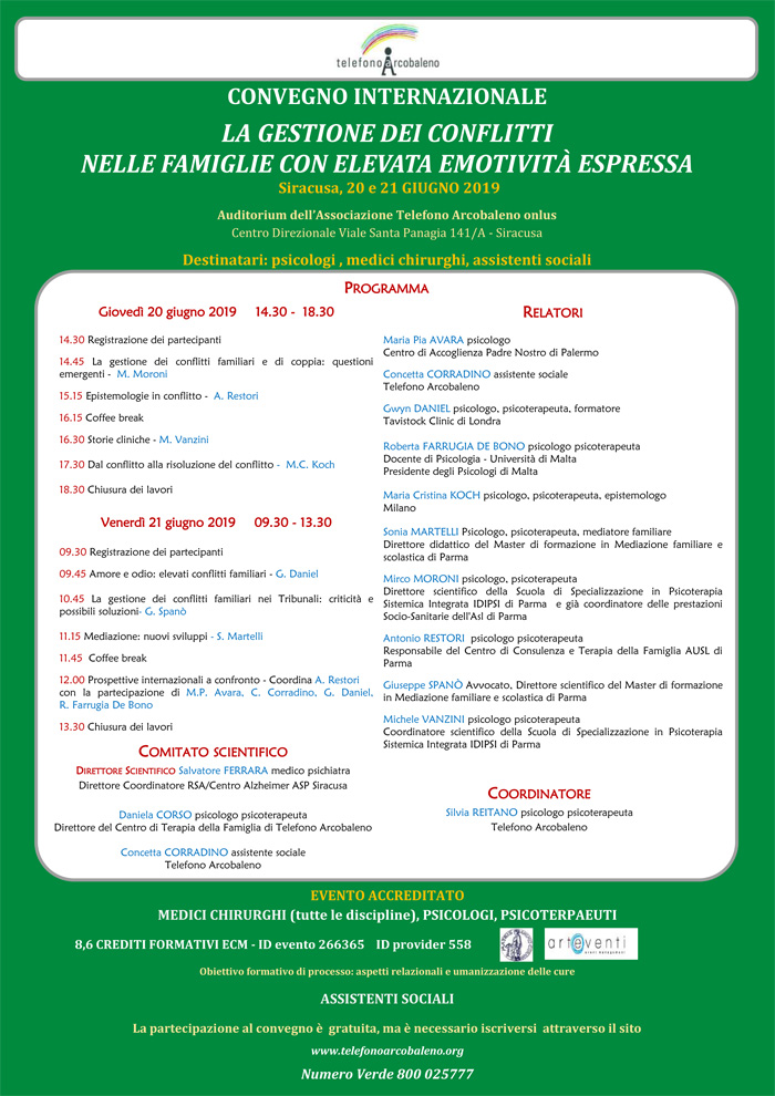 Il Centro di Accoglienza Padre Nostro partecipa al Convegno Internazionale 'La gestione dei conflitti nelle famiglie con elevata emotivit� espressa' organizzato dal Telefono Arcobaleno